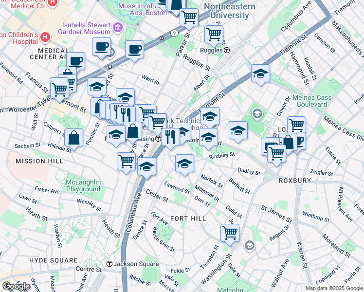 map of restaurants, bars, coffee shops, grocery stores, and more near 100 Malcolm X Boulevard in Boston