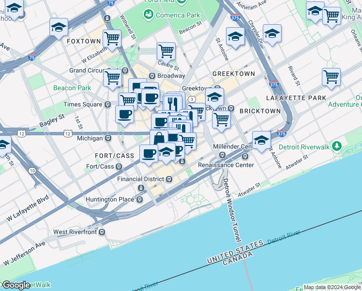 map of restaurants, bars, coffee shops, grocery stores, and more near 630 Woodward Avenue in Detroit
