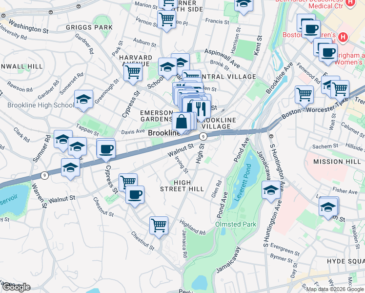 map of restaurants, bars, coffee shops, grocery stores, and more near 137 Walnut Street in Brookline