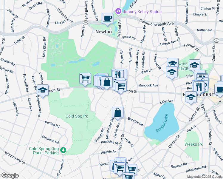 map of restaurants, bars, coffee shops, grocery stores, and more near 1115 Beacon Street in Newton