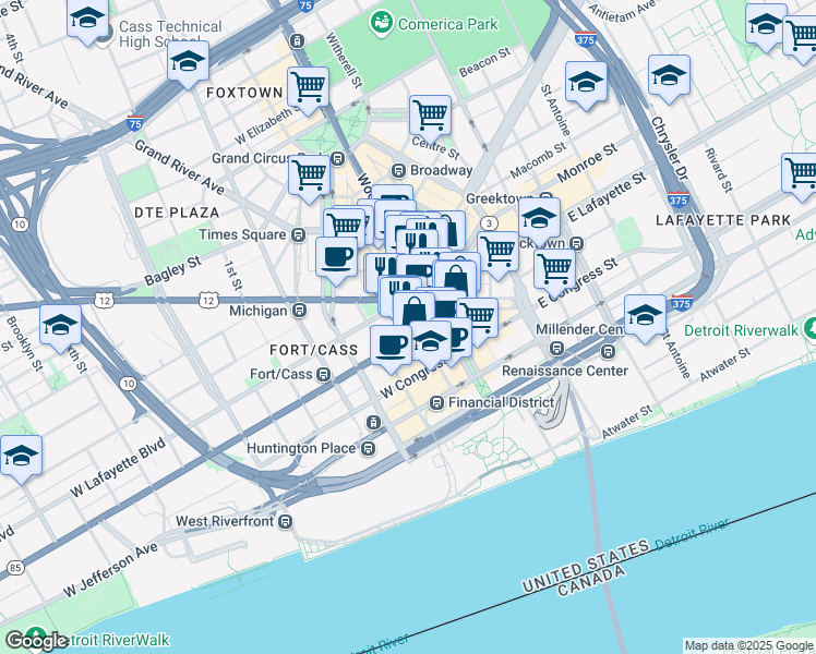 map of restaurants, bars, coffee shops, grocery stores, and more near 719 Griswold Street in Detroit