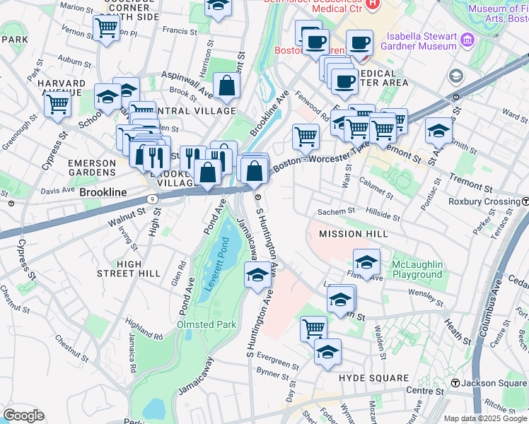 map of restaurants, bars, coffee shops, grocery stores, and more near 25-25A South Huntington Avenue in Boston