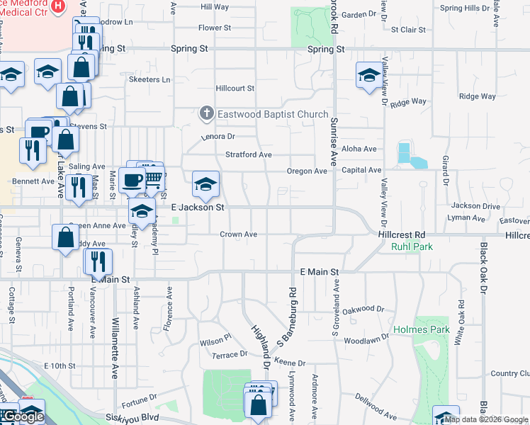 map of restaurants, bars, coffee shops, grocery stores, and more near 303 North Berkeley Way in Medford