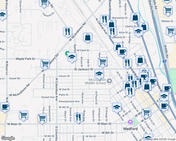 map of restaurants, bars, coffee shops, grocery stores, and more near 715 Oak Street in Medford