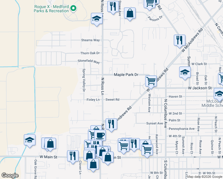 map of restaurants, bars, coffee shops, grocery stores, and more near 1309 Maple Park Drive in Medford
