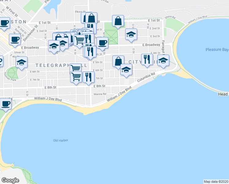 map of restaurants, bars, coffee shops, grocery stores, and more near 1 Hardy Street in Boston