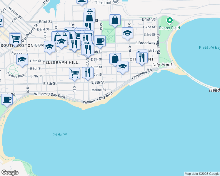 map of restaurants, bars, coffee shops, grocery stores, and more near 1 Hardy Street in Boston