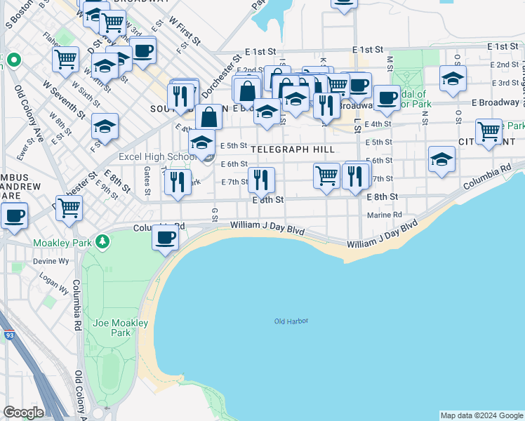map of restaurants, bars, coffee shops, grocery stores, and more near 500-A East 8th Street in Boston