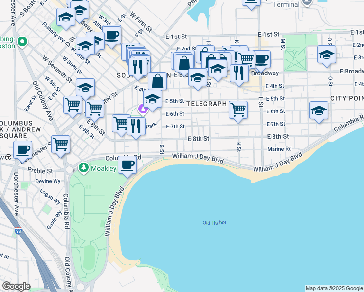 map of restaurants, bars, coffee shops, grocery stores, and more near 454 East 8th Street in Boston