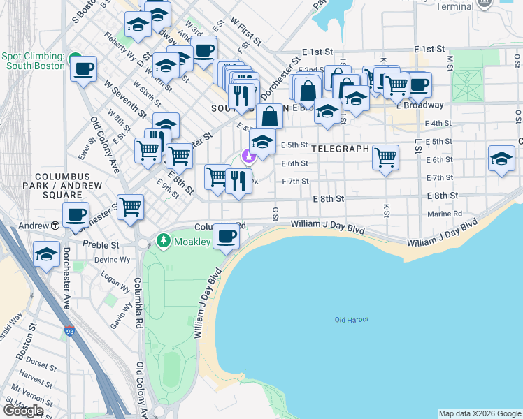 map of restaurants, bars, coffee shops, grocery stores, and more near 412 East 8th Street in Boston