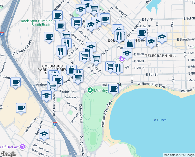 map of restaurants, bars, coffee shops, grocery stores, and more near 50 Rev Burke Street in Boston