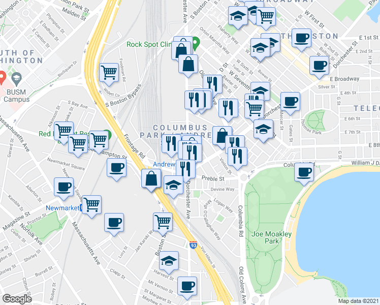 map of restaurants, bars, coffee shops, grocery stores, and more near in Boston