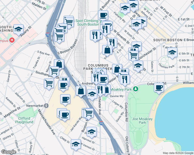 map of restaurants, bars, coffee shops, grocery stores, and more near 511-537 Dorchester Avenue in Boston