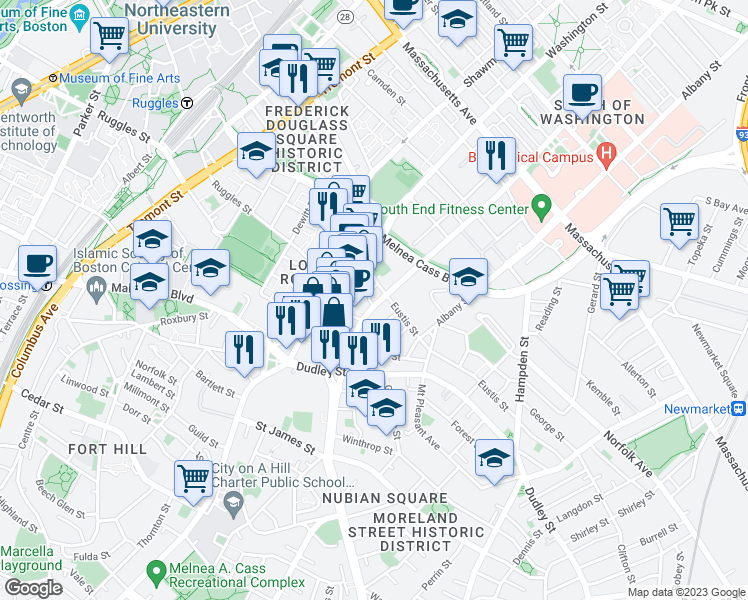 map of restaurants, bars, coffee shops, grocery stores, and more near 16 Eustis Street in Boston