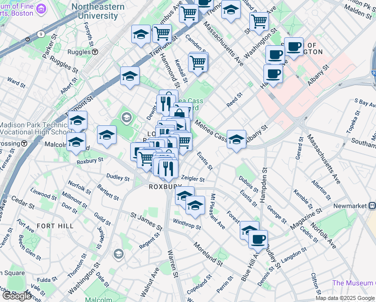 map of restaurants, bars, coffee shops, grocery stores, and more near 16 Eustis Street in Boston