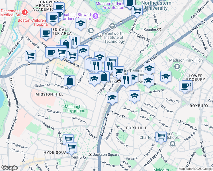 map of restaurants, bars, coffee shops, grocery stores, and more near 3 Morton Place in Boston