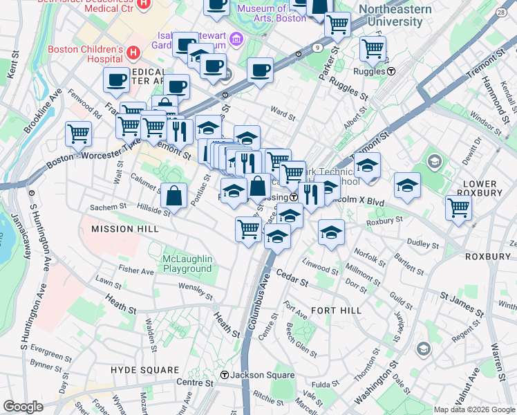 map of restaurants, bars, coffee shops, grocery stores, and more near 3 Morton Place in Boston