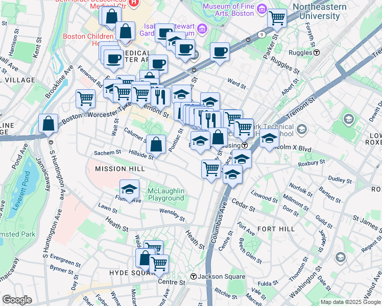 map of restaurants, bars, coffee shops, grocery stores, and more near 19A Burney Street in Boston