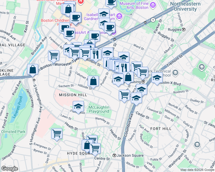 map of restaurants, bars, coffee shops, grocery stores, and more near 40 Pontiac Street in Boston