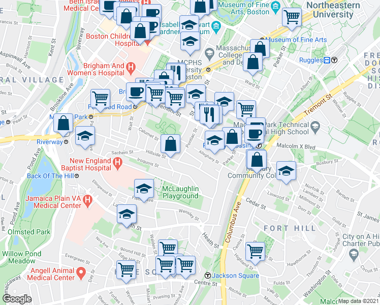 map of restaurants, bars, coffee shops, grocery stores, and more near 40 Pontiac Street in Boston