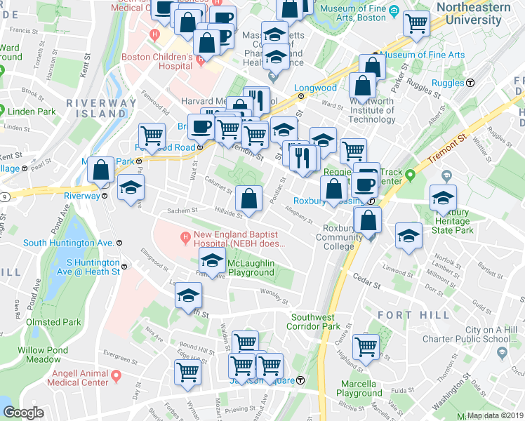 map of restaurants, bars, coffee shops, grocery stores, and more near 40 Pontiac Street in Boston
