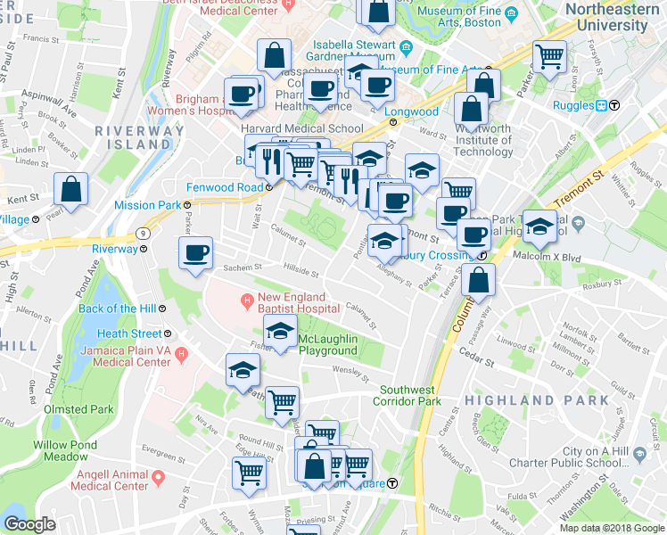 map of restaurants, bars, coffee shops, grocery stores, and more near 101 Calumet Street in Boston