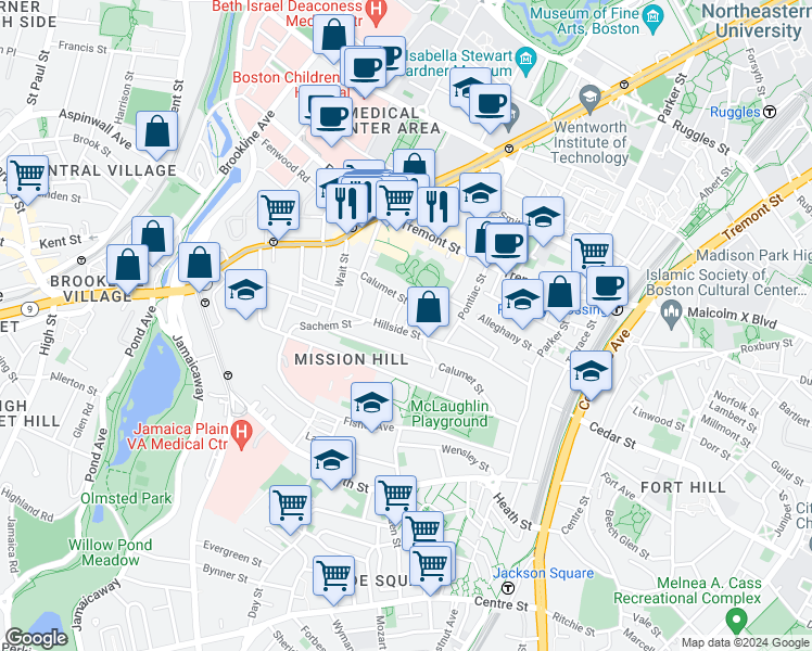 map of restaurants, bars, coffee shops, grocery stores, and more near 5 Oswald Street in Boston