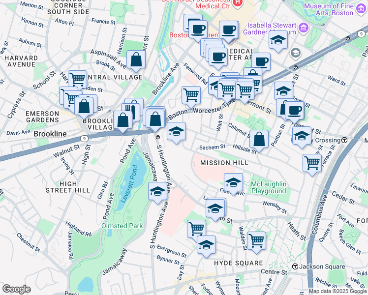 map of restaurants, bars, coffee shops, grocery stores, and more near 11 Sunset Street in Boston