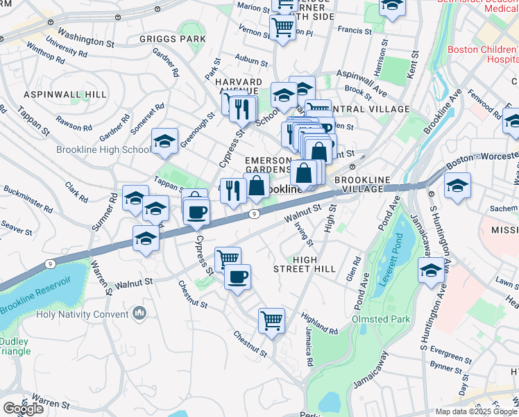 map of restaurants, bars, coffee shops, grocery stores, and more near 88 Davis Avenue in Brookline