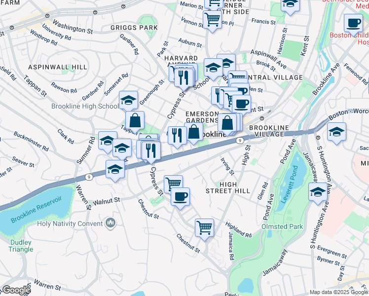 map of restaurants, bars, coffee shops, grocery stores, and more near 118 Davis Avenue in Brookline