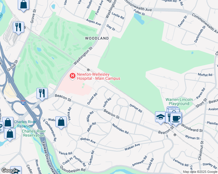 map of restaurants, bars, coffee shops, grocery stores, and more near 1940 Washington Street in Newton