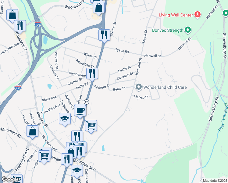 map of restaurants, bars, coffee shops, grocery stores, and more near 60A Apthorp Street in Worcester