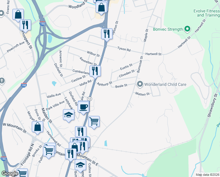 map of restaurants, bars, coffee shops, grocery stores, and more near 19 Darrow Street in Worcester
