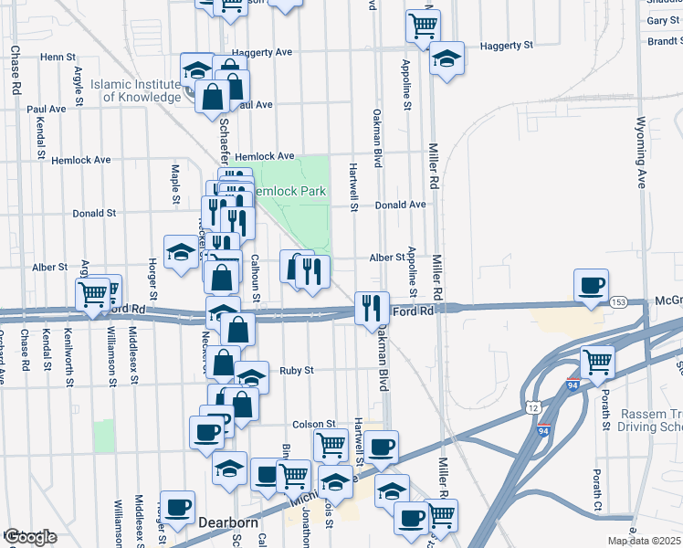 map of restaurants, bars, coffee shops, grocery stores, and more near 5805 Hartwell Street in Dearborn