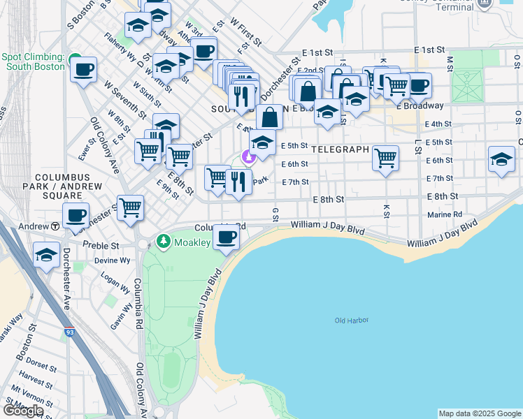 map of restaurants, bars, coffee shops, grocery stores, and more near 1380 Columbia Road in Boston