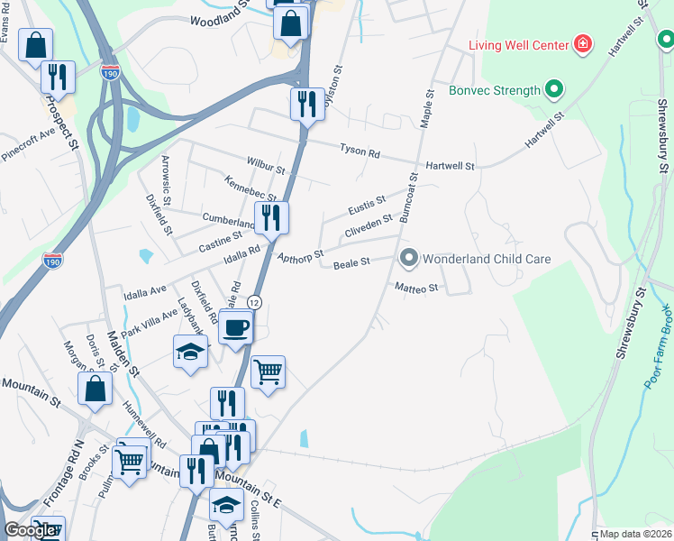 map of restaurants, bars, coffee shops, grocery stores, and more near 60A Apthorp Street in Worcester