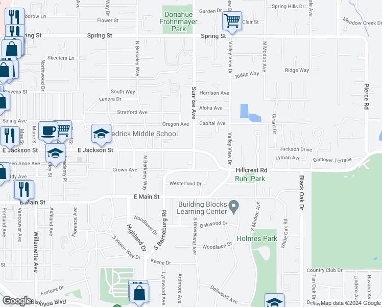 map of restaurants, bars, coffee shops, grocery stores, and more near 123 Sunrise Avenue in Medford