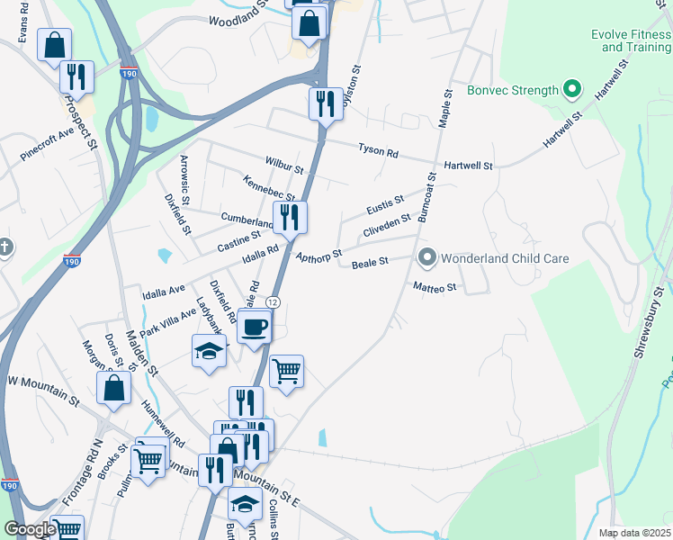map of restaurants, bars, coffee shops, grocery stores, and more near 19 Darrow Street in Worcester