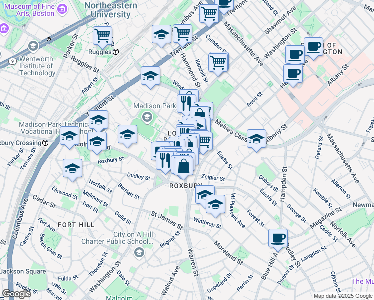 map of restaurants, bars, coffee shops, grocery stores, and more near 2249 Washington Street in Boston