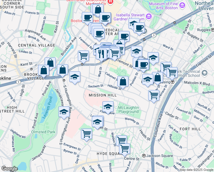 map of restaurants, bars, coffee shops, grocery stores, and more near 20 Sachem Street in Boston