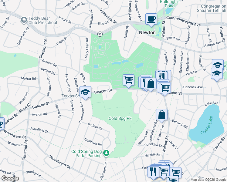 map of restaurants, bars, coffee shops, grocery stores, and more near 11 Warren Road in Newton