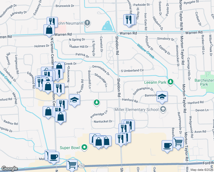 map of restaurants, bars, coffee shops, grocery stores, and more near 6607 Sturbridge Lane in Canton