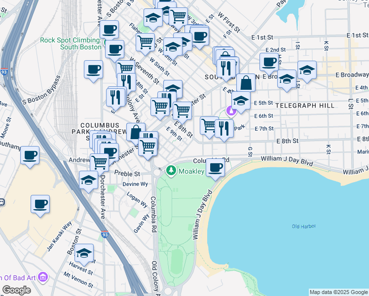 map of restaurants, bars, coffee shops, grocery stores, and more near 103 Mercer Street in Boston