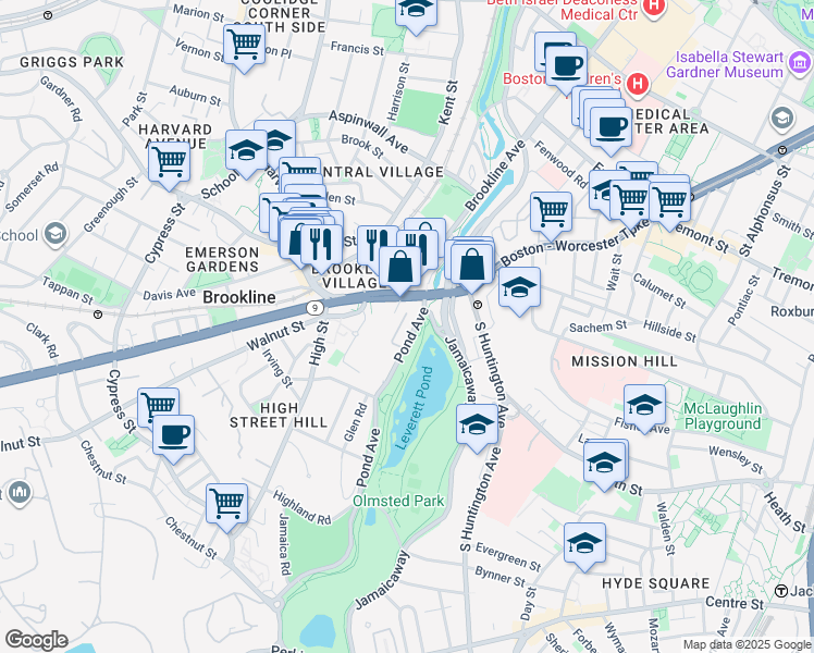 map of restaurants, bars, coffee shops, grocery stores, and more near 33 Pond Avenue in Brookline