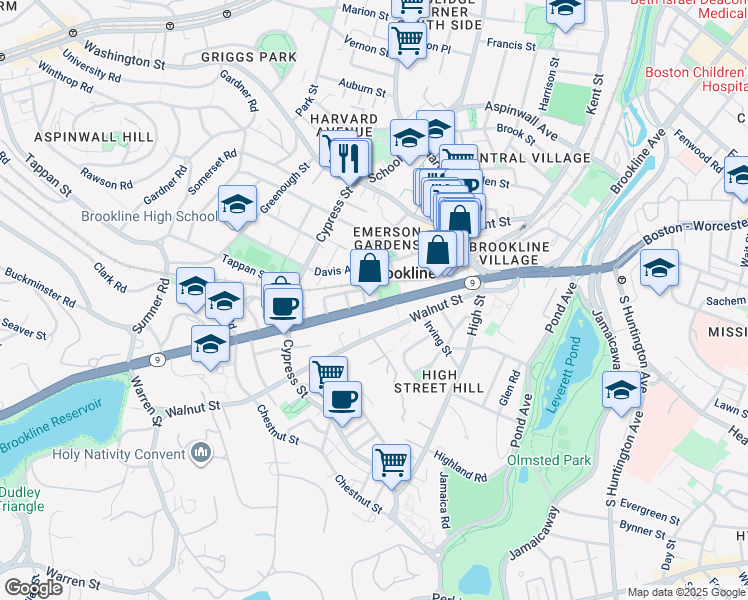 map of restaurants, bars, coffee shops, grocery stores, and more near 88 Davis Avenue in Brookline