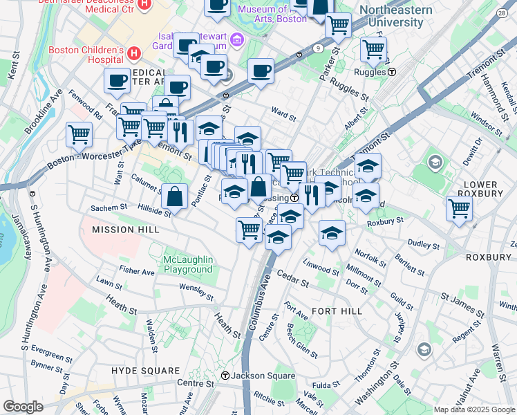 map of restaurants, bars, coffee shops, grocery stores, and more near 737 Parker Street in Boston