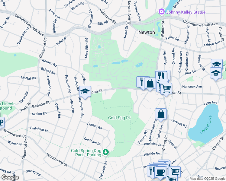map of restaurants, bars, coffee shops, grocery stores, and more near 1244 Beacon Street in Newton