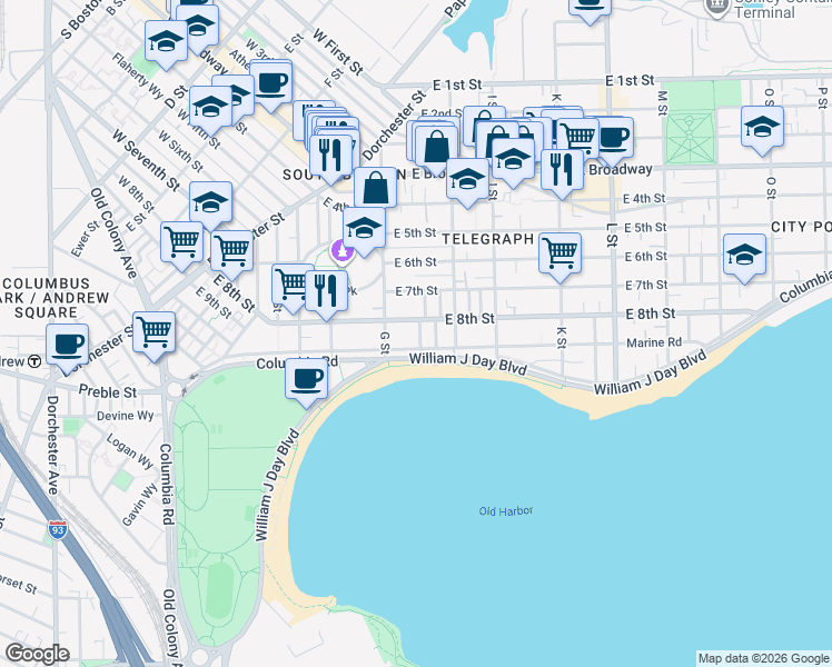 map of restaurants, bars, coffee shops, grocery stores, and more near 454 East 8th Street in Boston