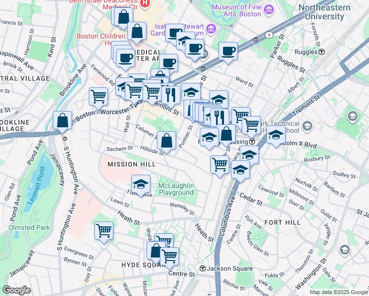 map of restaurants, bars, coffee shops, grocery stores, and more near 40 Pontiac Street in Boston