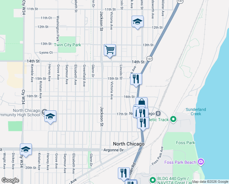 map of restaurants, bars, coffee shops, grocery stores, and more near 1521 Victoria Avenue in North Chicago